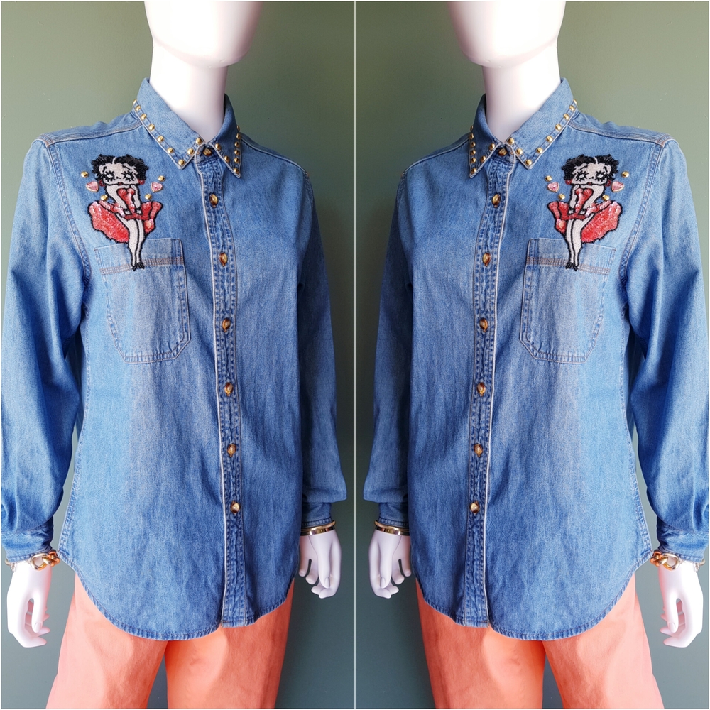 Embroidered Denim Shirt with Cartoon Design